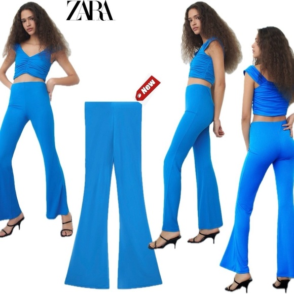 Zara Pants - Zara blue stretchy high waisted flare pull on pants Sz M NWT